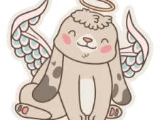 an angel cat sitting on the ground