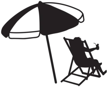 a black and white silhouette of a person sitting in a chair under an umbrella