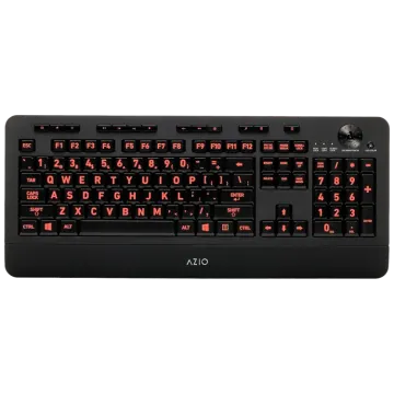 a black keyboard with red letters on it