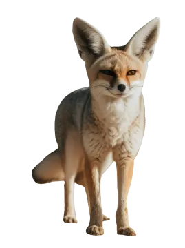 a small fox standing in front of a white background