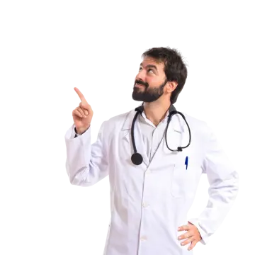 a man in a white lab coat pointing at something