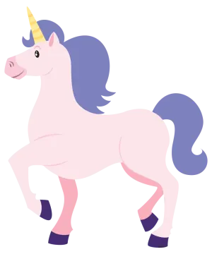 a pink unicorn with a blue mane and a yellow horn