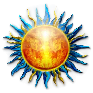 a sun with blue and yellow flames on it