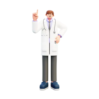 a man in a white lab coat with his hand up