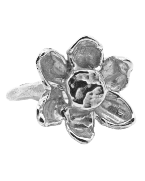 a silver flower ring on white background