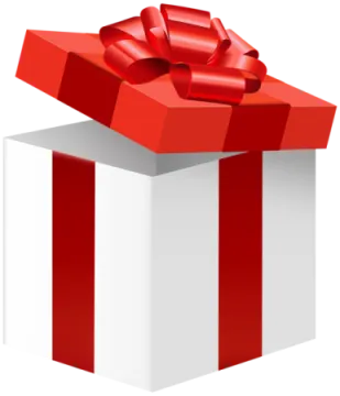 a white gift box with a red bow