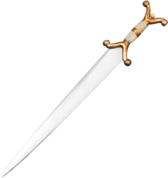 a white and gold colored sword with a wooden handle