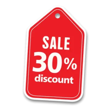 a red sale tag with the words sale 30 % discount