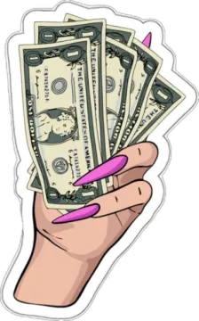 a woman's hand holding money sticker