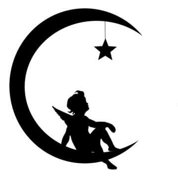 a black and white silhouette of a girl sitting on the moon