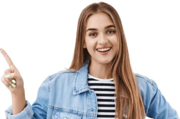 a young girl in a striped shirt and denim jacket pointing her finger at the camera