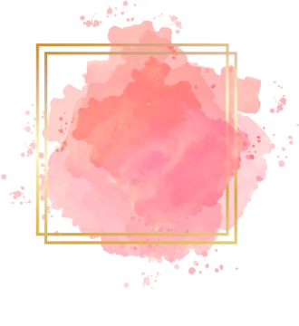 a pink watercolor background with a gold frame