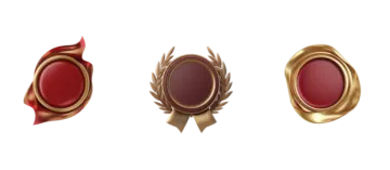 a set of four badges with red and gold