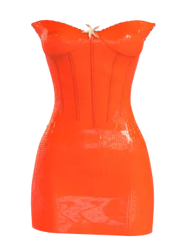 a woman in an orange dress