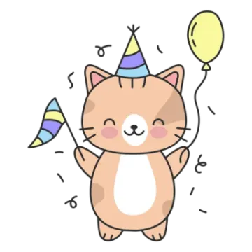 a cartoon cat with a party hat and balloons