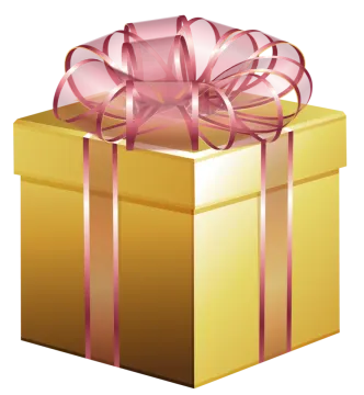 a gold gift box with a pink ribbon