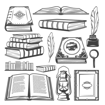 a set of books and other objects