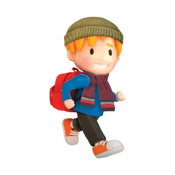 a little boy with a backpack and hat