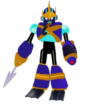 a cartoon character in a blue and yellow outfit