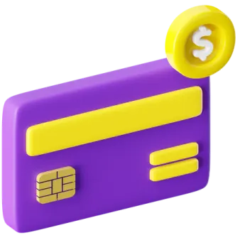 a purple credit card with a yellow button