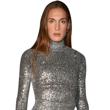a woman wearing a silver dress with long sleeves