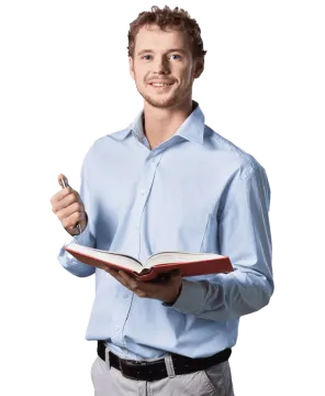 a man in a blue shirt holding a book