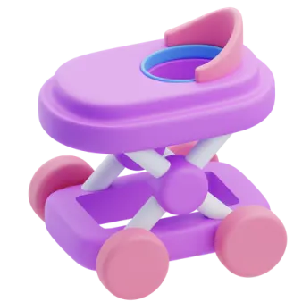 a purple and white baby walker with pink wheels