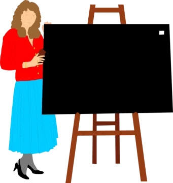 a woman standing in front of a blackboard