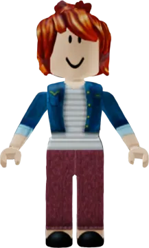 a lego figure with red hair and blue jacket