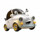 a cartoon car with a dog in the back