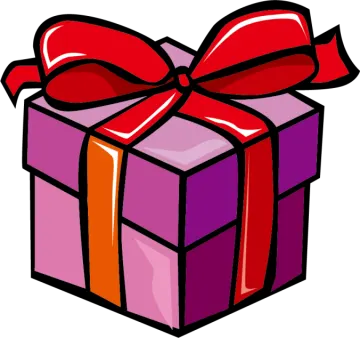 a purple gift box with a red bow