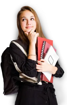 a young woman holding a notebook and looking at the camera