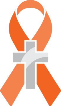 an orange ribbon with a cross on it
