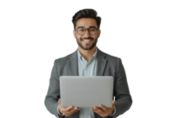 a man in a suit holding a laptop