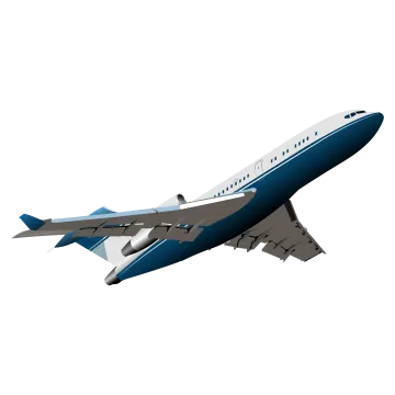 a blue and white airplane flying in the sky