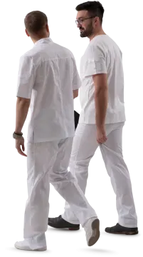 two men in white scrubs walking together