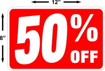 a red and white sign with the words 50 % off
