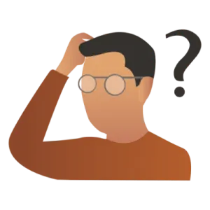 a man with glasses and a question sign