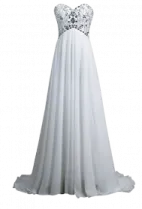 a white wedding dress with flowers on the back