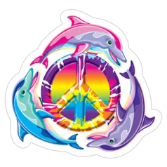 a sticker with two dolphins and a peace sign