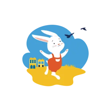 an illustration of a rabbit with a house in the background
