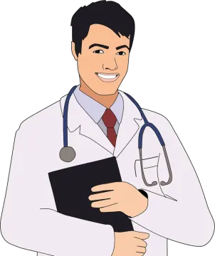 a man in a lab coat holding a clipboard