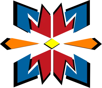 a red, white and blue logo with arrows in the middle