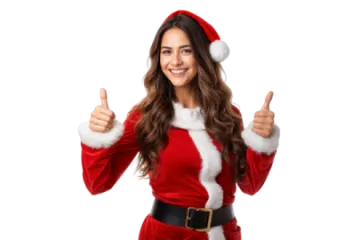 a woman in a santa costume giving the thumbs up
