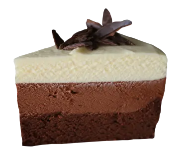 a piece of chocolate cake on a white background