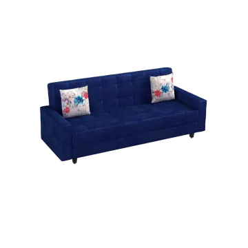 a blue couch with two pillows on it