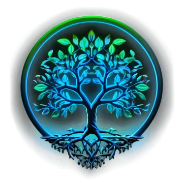 a glowing blue tree with green leaves
