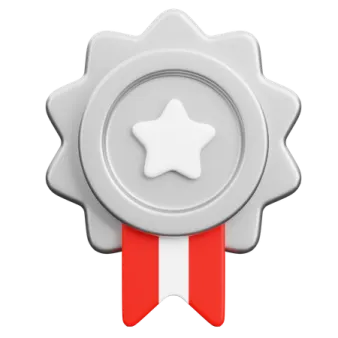 a silver seal with a red ribbon around it