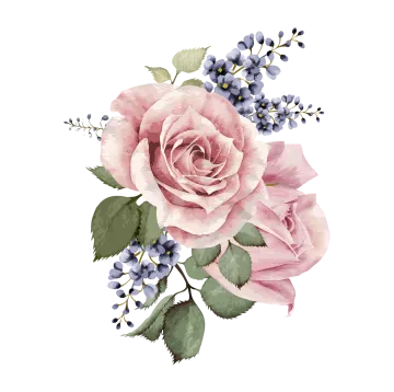 a pink rose and blue flowers on a white background