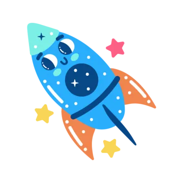 a blue and orange rocket with stars on it